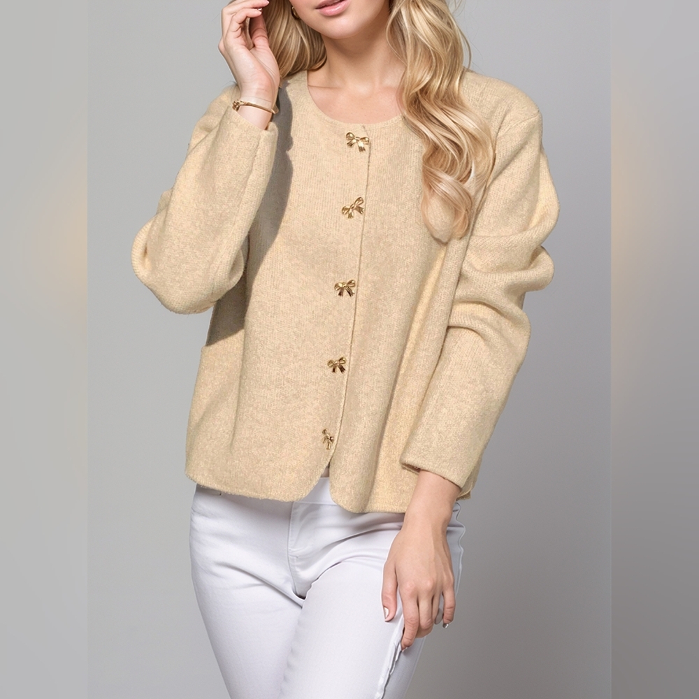 Cream Cardigan with Gold Bow Button Accents